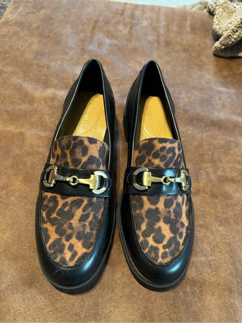 Nine West Black Leather & Brown Leopard Print Loafers